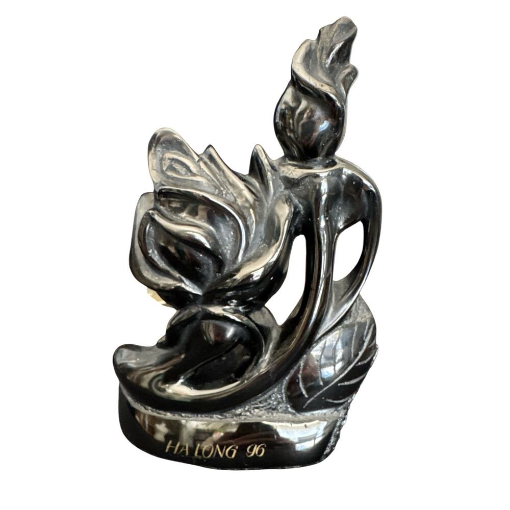 Vintage Rare  Polished Black Anthracite Coal Hand Carved Roses  Figurine